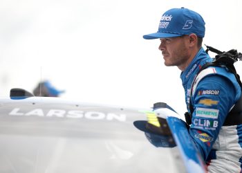 NEWTON, IOWA - JUNE 15: Kyle Larson, driver of the #5 HendrickCars.com Chevrolet, looks on during the NASCAR Xfinity Series Hy-Vee Perks 250 at Iowa Speedway on June 15, 2024 in Newton, Iowa. (Photo by James Gilbert/Getty Images)