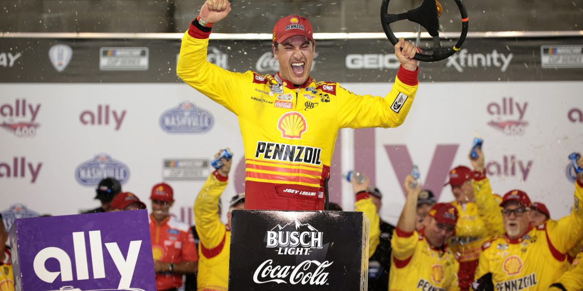 LEBANON, TENNESSEE - JUNE 30: Joey Logano, driver of the #22 Shell Pennzoil Ford, celebrates in victory lane after winning the NASCAR Cup Series Ally 400 at Nashville Superspeedway on June 30, 2024 in Lebanon, Tennessee. (Photo by James Gilbert/Getty Images)