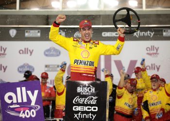 LEBANON, TENNESSEE - JUNE 30: Joey Logano, driver of the #22 Shell Pennzoil Ford, celebrates in victory lane after winning the NASCAR Cup Series Ally 400 at Nashville Superspeedway on June 30, 2024 in Lebanon, Tennessee. (Photo by James Gilbert/Getty Images)