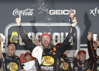 Austin Dillon celebrates winning the NASCAR Cup Series race at Richmond.