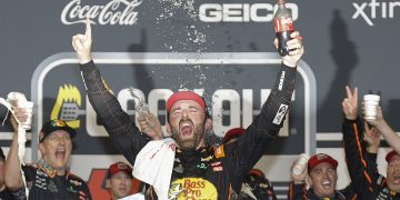 Austin Dillon celebrates winning the NASCAR Cup Series race at Richmond.