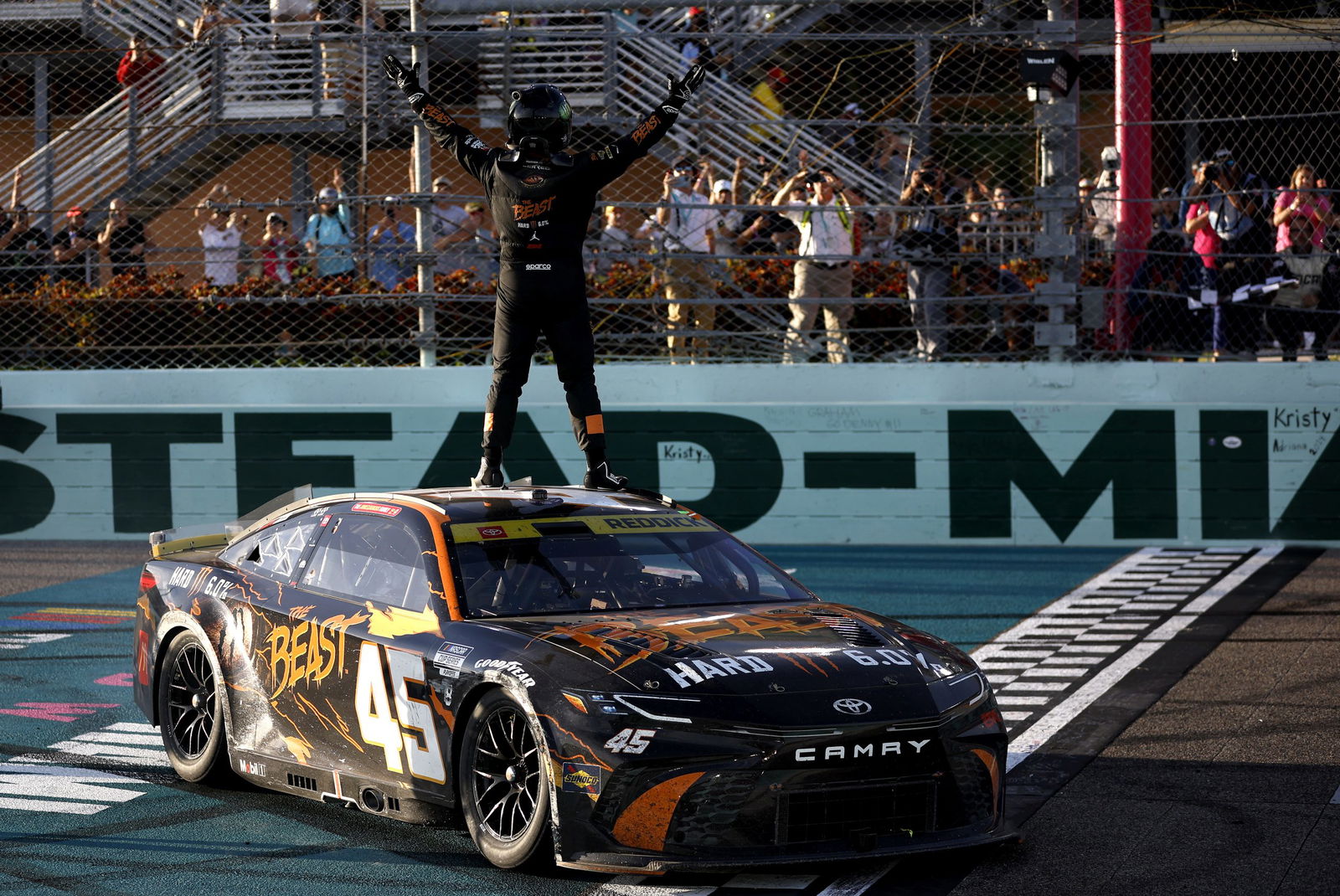 Tyler Reddick, celebrates after winning the NASCAR Cup Series Straight Talk Wireless 400 at Homestead-Miami Speedway.