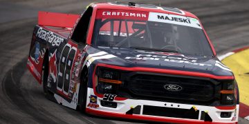 Ty Majeski, driver of the #98 Ford, drives during the NASCAR Craftsman Truck Series at Martinsville Speedway.