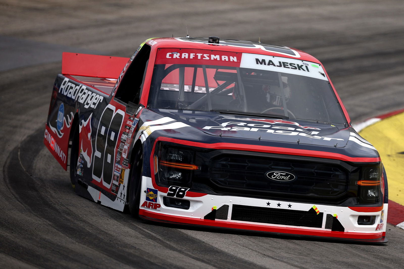 Ty Majeski, driver of the #98 Ford, drives during the NASCAR Craftsman Truck Series at Martinsville Speedway.