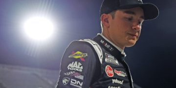 Christopher Bell, driver of the #20 Toyota, reacts after being penalised for a safety violation at Martinsville Speedway.