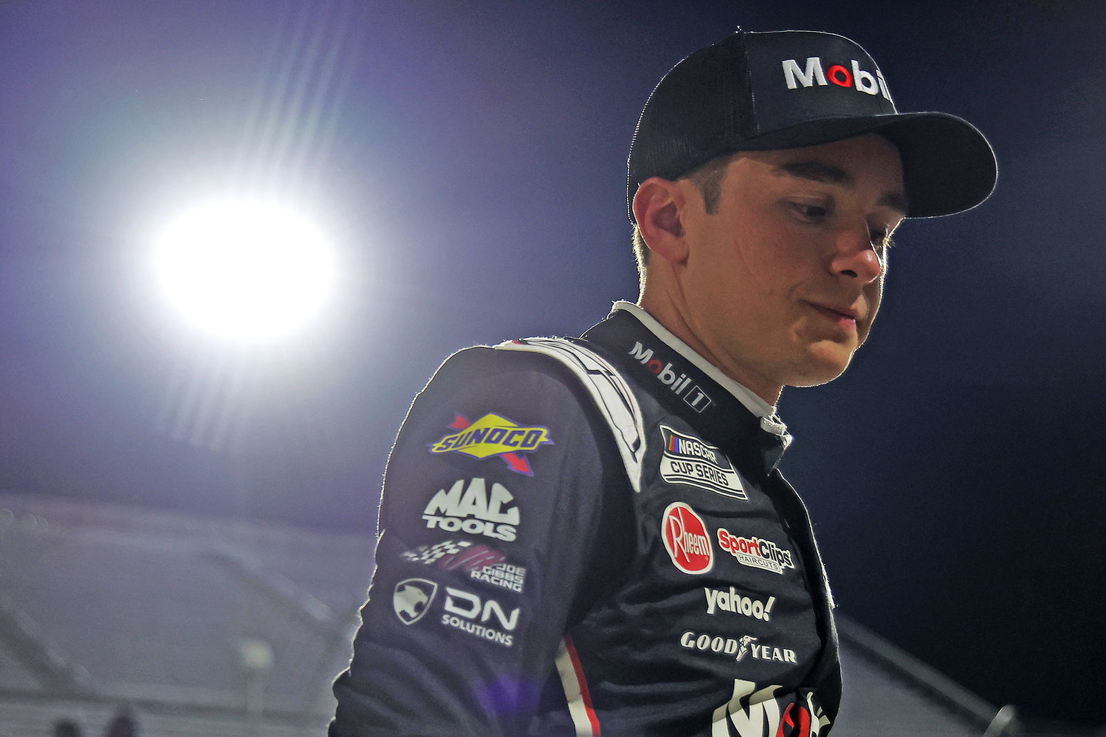 Christopher Bell, driver of the #20 Toyota, reacts after being penalised for a safety violation at Martinsville Speedway.