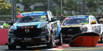 Ryal Harris led Cameron Crick throughout and was able to celebrate with the motorsport shouey he popularised. Image: InSyde Media