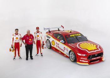 (left to right) Anton De Pasquale, Dick Johnson, and Will Davison with the latter's #17 DJR Ford Mustang. Image: Supplied