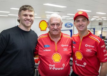 (From left) Brodie Kostecki with Dick Johnson and Will Davison of the Shell V-Power Racing Team.