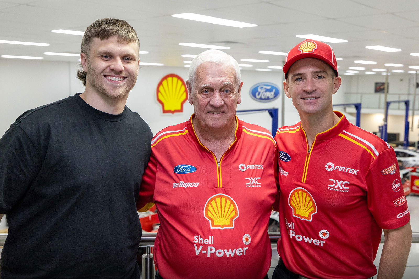 (From left) Brodie Kostecki with Dick Johnson and Will Davison of the Shell V-Power Racing Team.