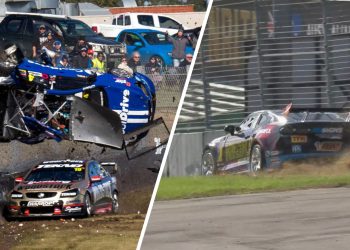 Todd Hazelwood's huge 2017 Sandown 500 crash (left) and his near miss at the 2024 Sandown 500.