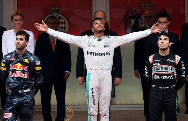 Lewis Hamilton celebrates his Monaco Grand Prix win as Daniel Ricciardo and Sergio Perez ponder what might have been