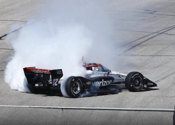 Will Power spins at the Milwaukee Mile in the second IndyCar race. Image: Chris Jones