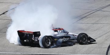 Will Power spins at the Milwaukee Mile in the second IndyCar race. Image: Chris Jones