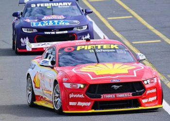 The Dick Johnson Racing Ford Mustang at Queensland Raceway for what is understood to be an engine test. Image: Richard Gresham