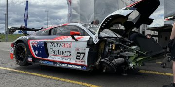 The damaged #87 Melbourne Performance Cetnre Audi R8 LMS GT3 of Brad Schumacher and Will Brown.