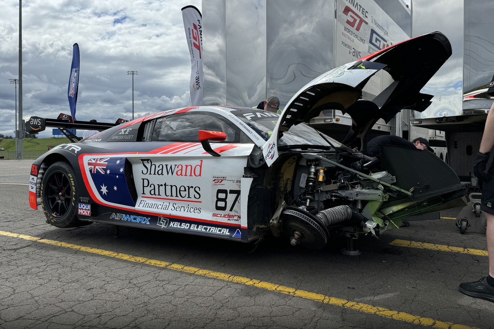 The damaged #87 Melbourne Performance Cetnre Audi R8 LMS GT3 of Brad Schumacher and Will Brown.