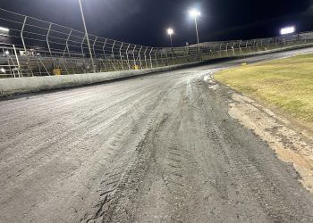 The black clay surface is causing headaches at Premier Speedway. Image: Supplied