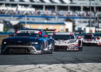 Mustang and Corvette doing battle at Daytona. Image: Supplied