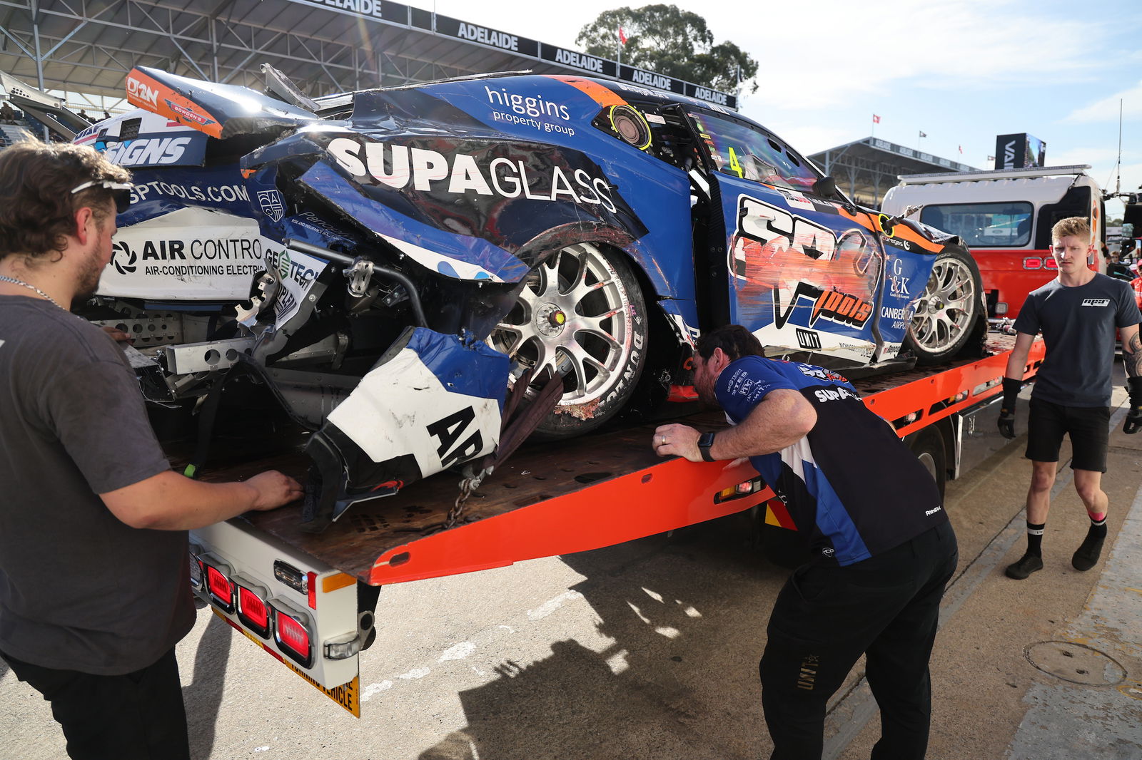 Cameron Hill's wrecked Matt Stone Racing Chevrolet Camaro. 