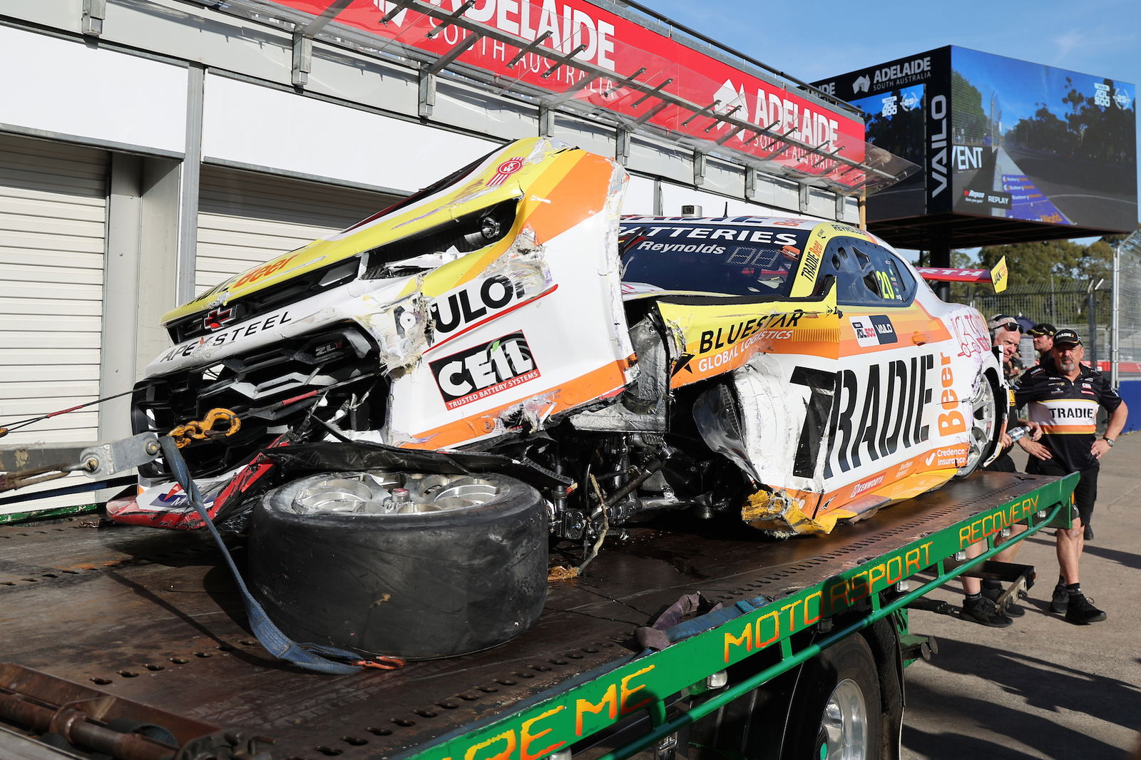 David Reynolds' wrecked Team 18 Chevrolet Camaro.