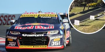 Broc Feeney and a kangaroo on track at Mount Panorama.