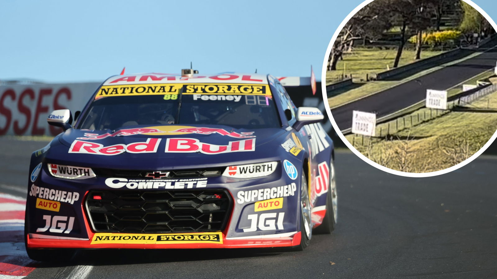 Broc Feeney and a kangaroo on track at Mount Panorama.