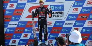 Broc Feeney stands on the podium at Hidden Valley after winning Race 11 of the Supercars Championship. Image: Supplied