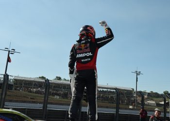 Broc Feeney celebrates victory in Race 12 of the Supercars Championship at the Darwin Triple Crown at Hidden Valley Raceway. Image: InSyde Media