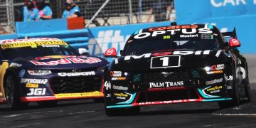 Chaz Mostert leads Broc Feeney at Turn 9 of the Adelaide Parklands Circuit.