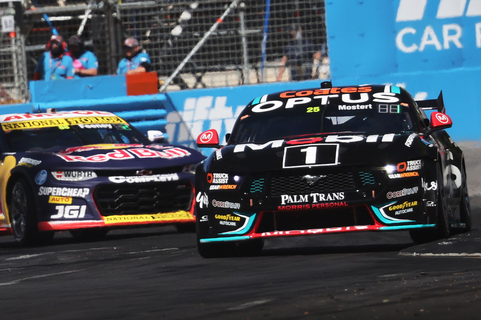 Chaz Mostert leads Broc Feeney at Turn 9 of the Adelaide Parklands Circuit. 