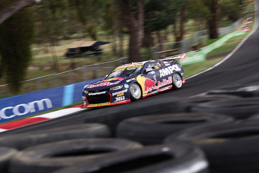Broc Feeney drives his Triple Eight Camaro through Griffins Bend in Qualifying for Race 2 of the Supercars Championship at the Bathurst 500 at Mount Panorama in February 2024. Image: InSyde Media