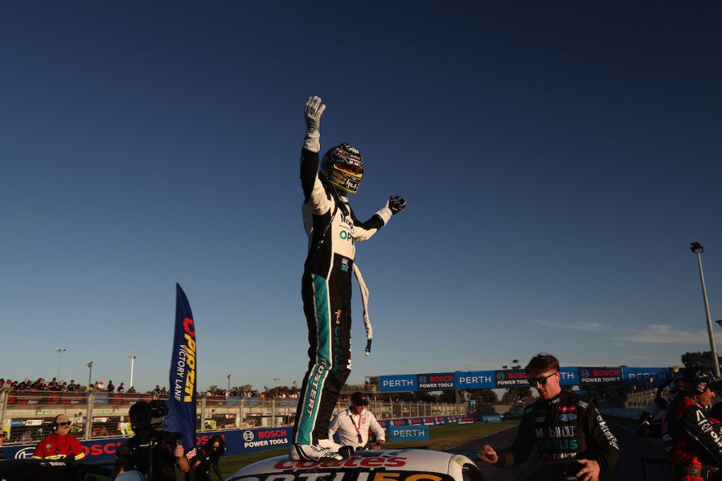 Chaz Mostert celebrates victory in Race 9 of the Supercars Championship at Wanneroo Raceway in Perth. Image: InSyde Media