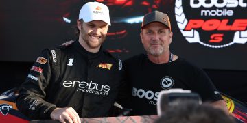 Erebus Motorsport driver Brodie Kostecki (left) with Boost Mobile CEO Jason Haynes.