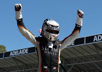 Zach Bates celebrates winning the Dunlop Super2 Series title at the VAILO Adelaide 500. Image: InSyde Media