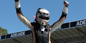 Zach Bates celebrates winning the Dunlop Super2 Series title at the VAILO Adelaide 500. Image: InSyde Media