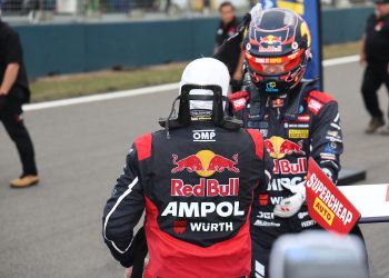 Broc Feeney (background) and Will Brown (foreground) greet each other after their battle in Race 8 of the Supercars Championship at Taupo. Image: InSyde Media