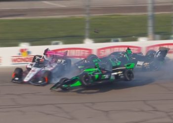 Romain Grosjean (middle) flies through the air after colliding with David Malukas (left) and Agustin Canapino.