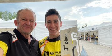 Jon Targett (left) will head up track support for the OTK brands in Australia (pictured with Max Walton at the FIA Karting Academy in 2023)