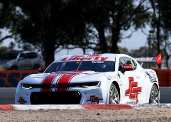 Jaxon Evans drives the SCT/BJR Camaro in the Winton Supercars test. Image: Russell Colvin