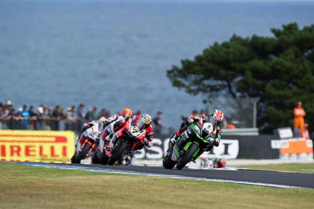 Jonathan Rea is hotly pursued Chaz Davies on the exit of Siberia. Davies eventually crashed at Honda Corner on the final lap with Rea going on to claim a weekend double 