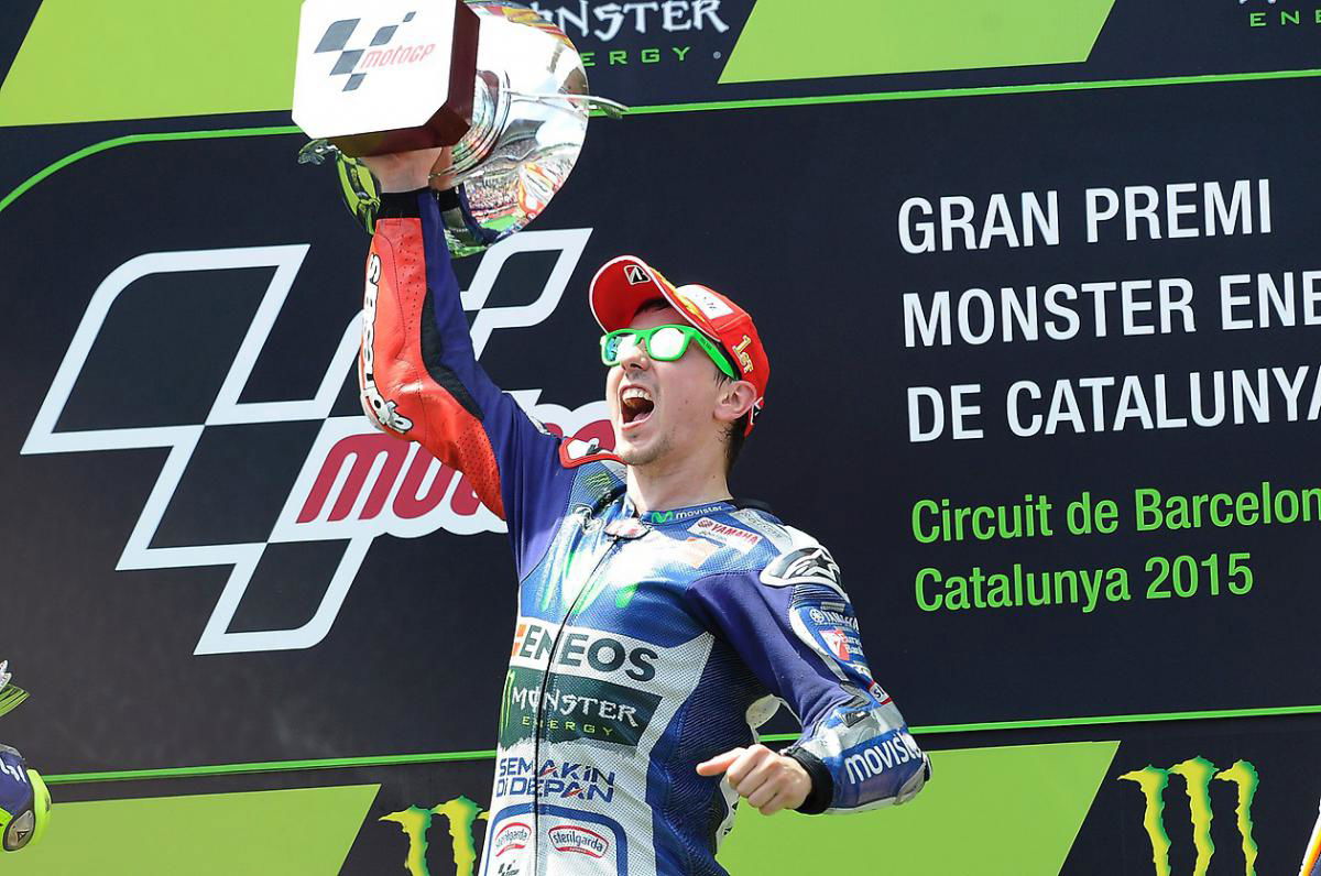 Jorge Lorenzo celebrates a win at Catalunya which helped him take out the 2015 MotoGP world championship