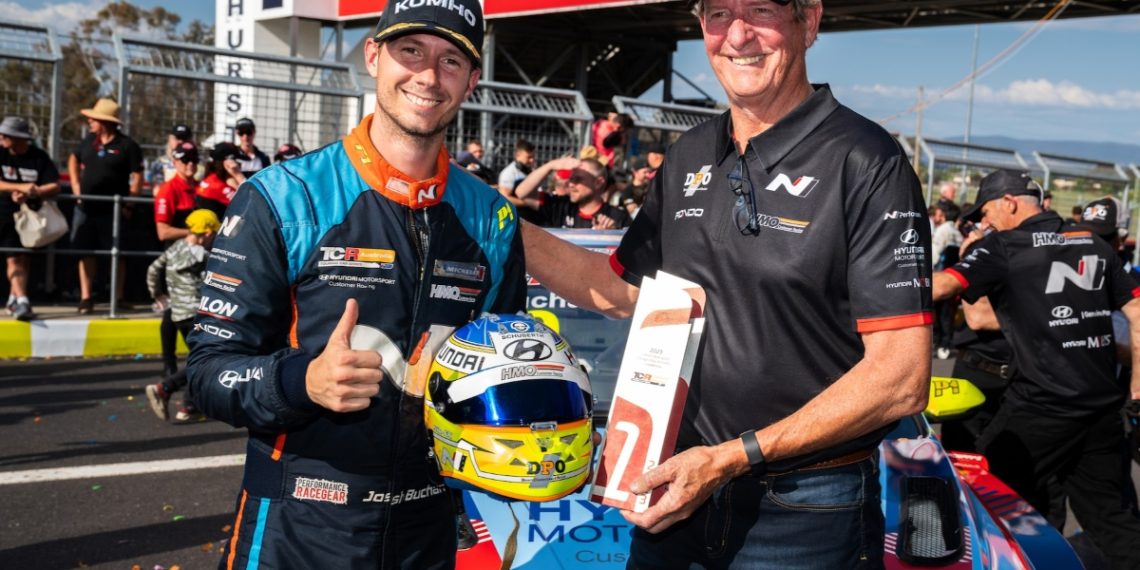 Josh Buchan (left) pictured with HMO team's Barry Morcom after he won the 2023 Supercheap Auto TCR Australia title. Image: Supplied