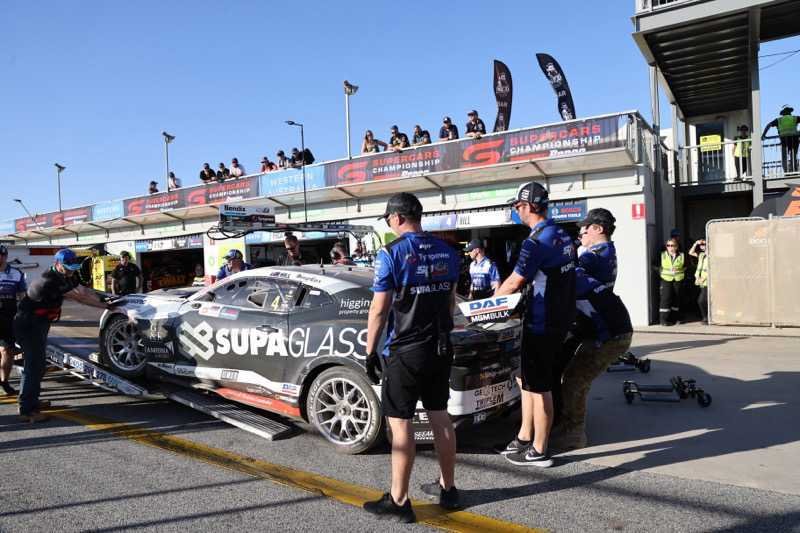 Cameron Hill's damaged Camaro returns to pit lane at Wanneroo Raceway in Perth, after a crash in Supercars Championship Practice 1