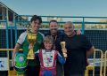 Jay Kostecki (centre) won the Macau Kart Grand Prix - L-R - World Champion & mechanic, Marijn Kremers, Kostecki, Michael Patrizi and Steven Kostecki