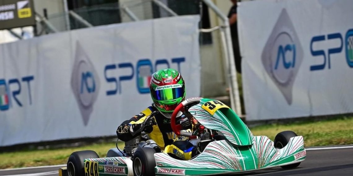 Sebastian Eskandari-Marandi, the youngest ever to compete in the OK-N Junior class of the Italian Karting Championships. won a final and is second in the points.