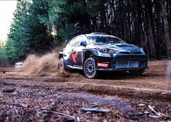 Lewis Bates and Anthony McLoughlin in Toyota GR Yaris AP4 during the Forest Rally test sessions. Image: Supplied