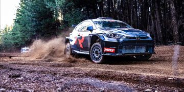 Lewis Bates and Anthony McLoughlin in Toyota GR Yaris AP4 during the Forest Rally test sessions. Image: Supplied