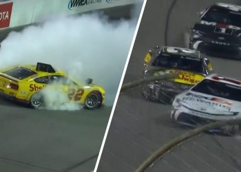 Joey Logano and Denny Hamlin spin after contact with Austin Dillon. Image: FOX Sports