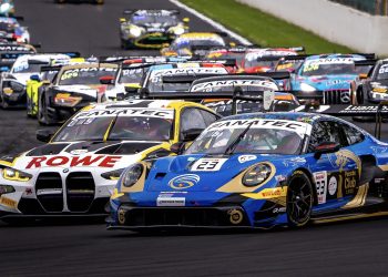 Jaxon Evans on approach to Eau Rouge in his Phantom Global Racing Porsche 911 GT3 R.